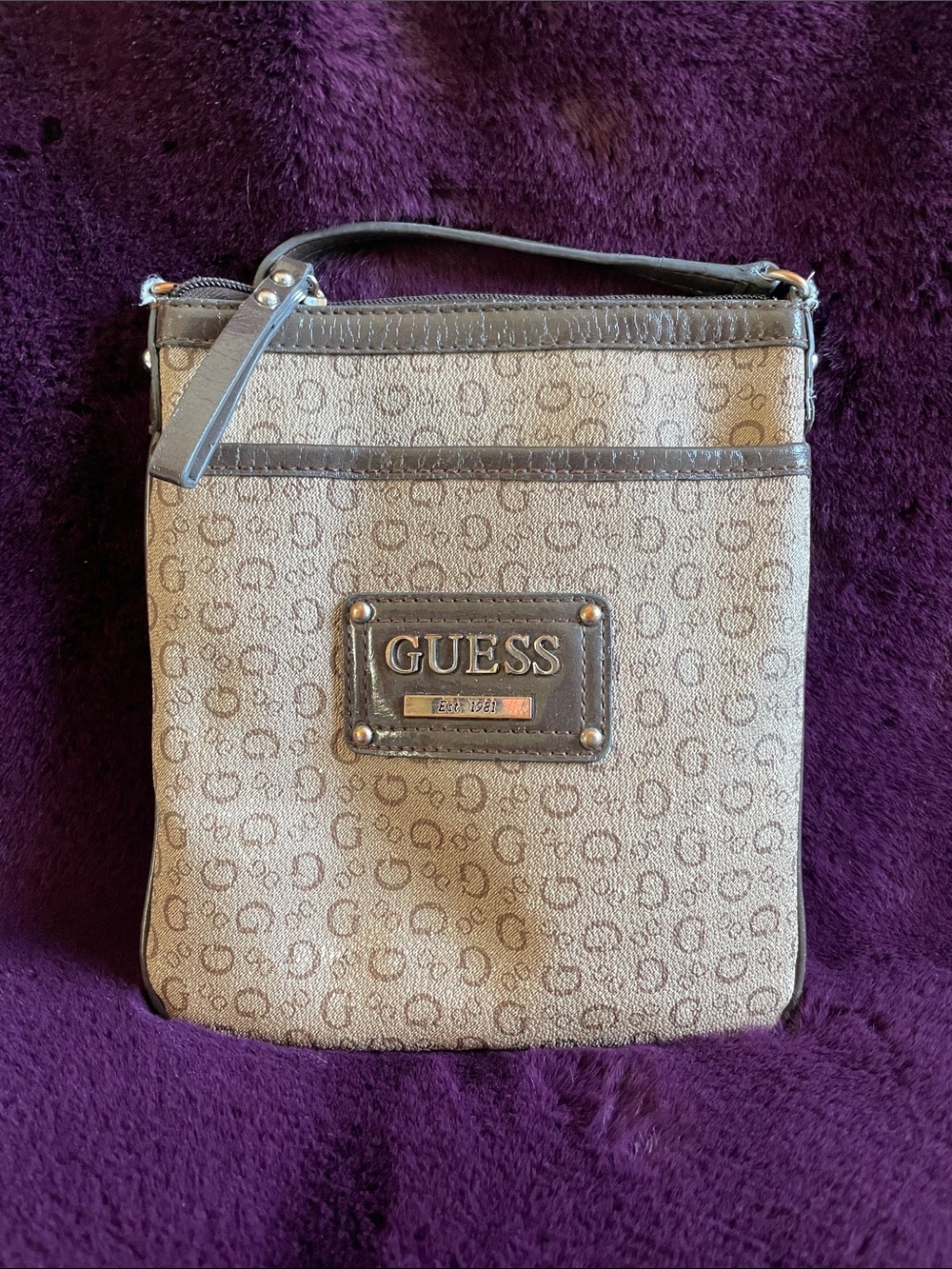 GUESS Beige and Brown Monogram Crossbody Bag
